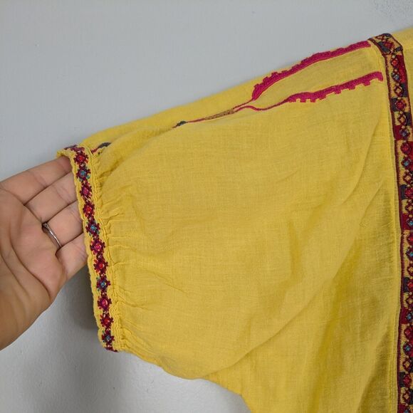 Biya Johnny Was Top S Yellow Tunic Shirt Short Sleeve Embroidered Boho Festival - Picture 9 of 12